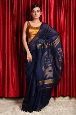 Navy blue woven blended cotton saree with blouse 1