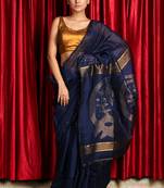 Navy blue woven blended cotton saree with blouse