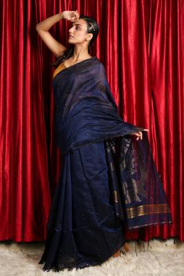 Navy blue woven blended cotton saree with blouse 2