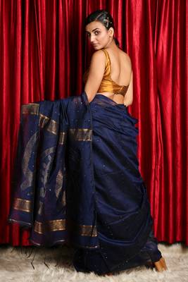 Navy blue woven blended cotton saree with blouse 3