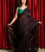 Brown woven blended cotton saree with blouse