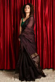 Brown woven blended cotton saree with blouse