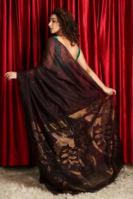 Brown woven blended cotton saree with blouse 3