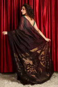 Brown woven blended cotton saree with blouse