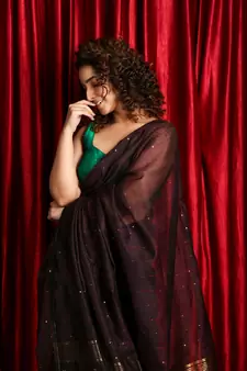 Brown woven blended cotton saree with blouse