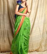 Green woven blended cotton saree with blouse