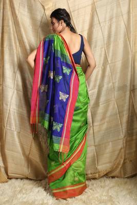 Green woven blended cotton saree with blouse 3
