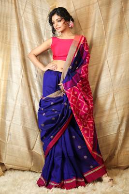 Royal blue woven blended cotton saree with blouse 1