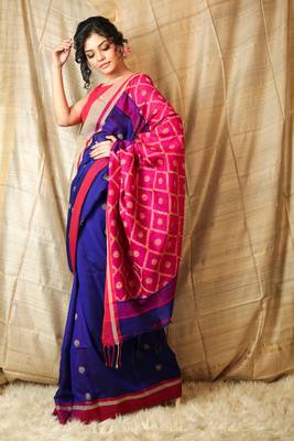 Royal blue woven blended cotton saree with blouse 2