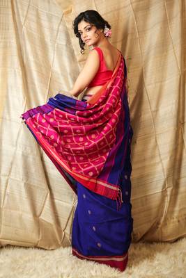Royal blue woven blended cotton saree with blouse 3