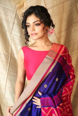 Royal blue woven blended cotton saree with blouse 4