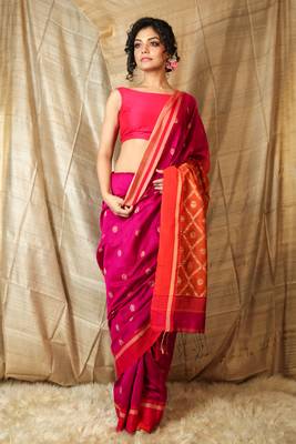 Hot pink woven blended cotton saree with blouse 1