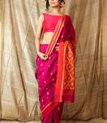 Hot pink woven blended cotton saree with blouse