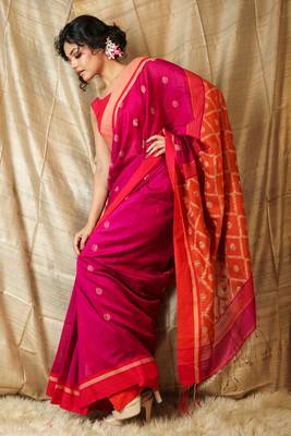 Hot pink woven blended cotton saree with blouse 2