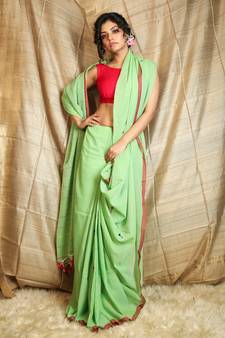 Light green woven cotton saree with blouse