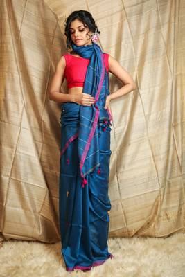 Blue woven cotton saree with blouse 1
