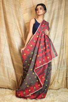 Grey Woven Blended Cotton Saree Without Blouse