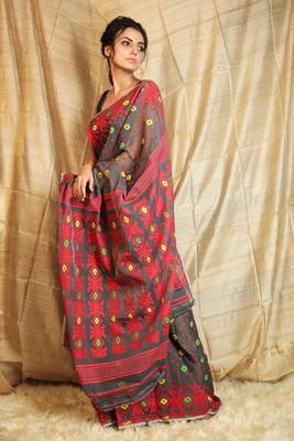 Grey Woven Blended Cotton Saree Without Blouse 2
