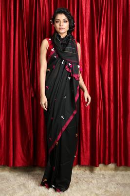 Black woven cotton saree with blouse 1