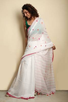 White woven cotton saree with blouse 1