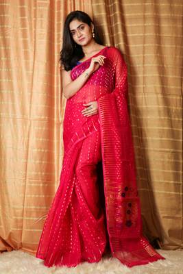 Dark Pink Woven Blended Cotton Saree Without Blouse 1