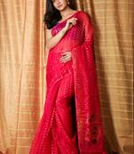 Dark Pink Woven Blended Cotton Saree Without Blouse