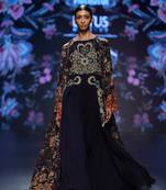 Navy Blue Printed Long Front Open Cape With Hand Embellished Dhoti Style Dress