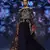 Charu Parashar Navy blue printed long front open cape with hand embellished dhoti style dress