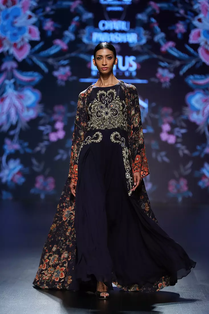 Charu Parashar Navy blue printed long front open cape with hand embellished dhoti style dress