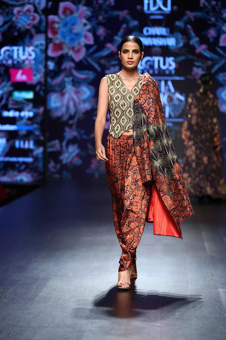Charu Parashar Navy blue printed front open jacket with hand embellished top and printed dhoti