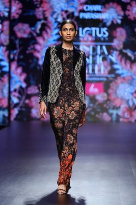  Navy Blue Printed Jumpsuit And Hand Embellished Jacket 1