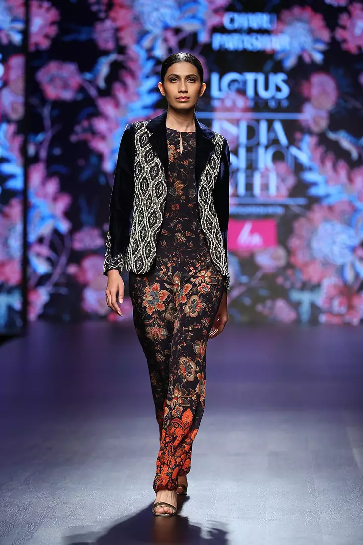 Charu Parashar Navy blue printed jumpsuit and hand embellished jacket