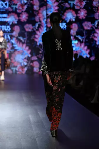  Navy Blue Printed Jumpsuit And Hand Embellished Jacket