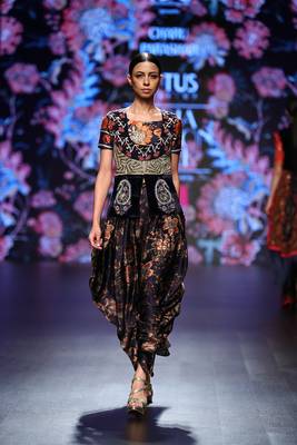 Navy Blue Printed Top With Printed Flare Style Dhoti And And Hand Embellished Jacket 1