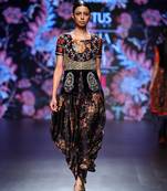 Navy Blue Printed Top With Printed Flare Style Dhoti And And Hand Embellished Jacket