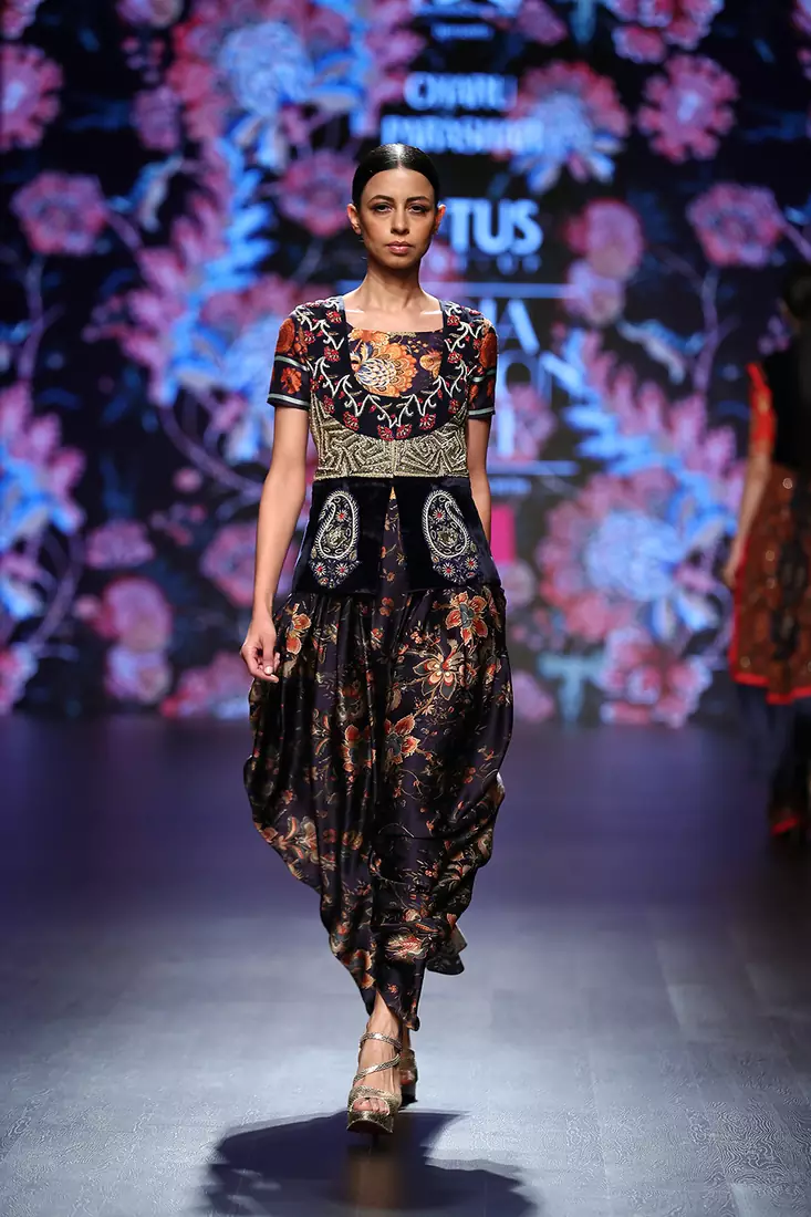 Charu Parashar Navy blue printed top with printed flare style dhoti and and hand embellished jacket
