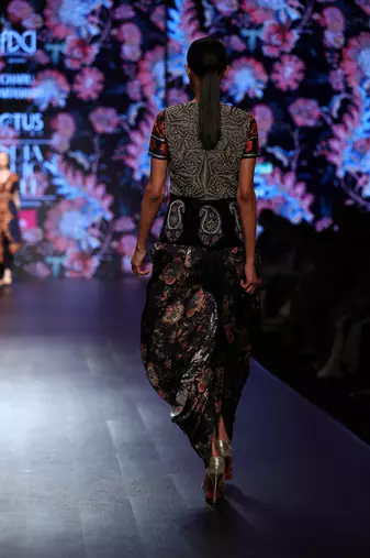 Navy Blue Printed Top With Printed Flare Style Dhoti And And Hand Embellished Jacket