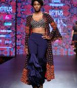 Navy Blue Printed Front Open Long Cape With Hand Embellished Blouse And Flare Pants