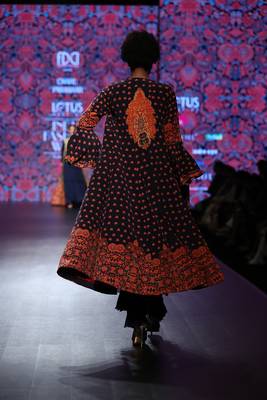 Navy Blue Printed Front Open Long Cape With Hand Embellished Blouse And Flare Pants 2