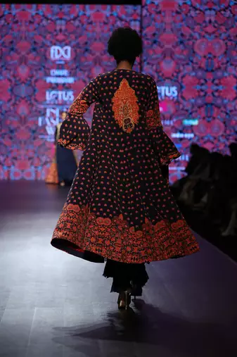Navy Blue Printed Front Open Long Cape With Hand Embellished Blouse And Flare Pants