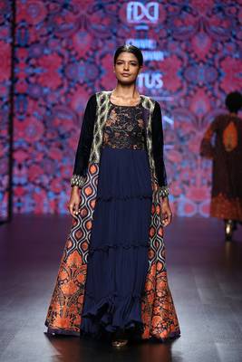 Navy Blue Printed Long Jacket With Navy Blue Printed Gown 1