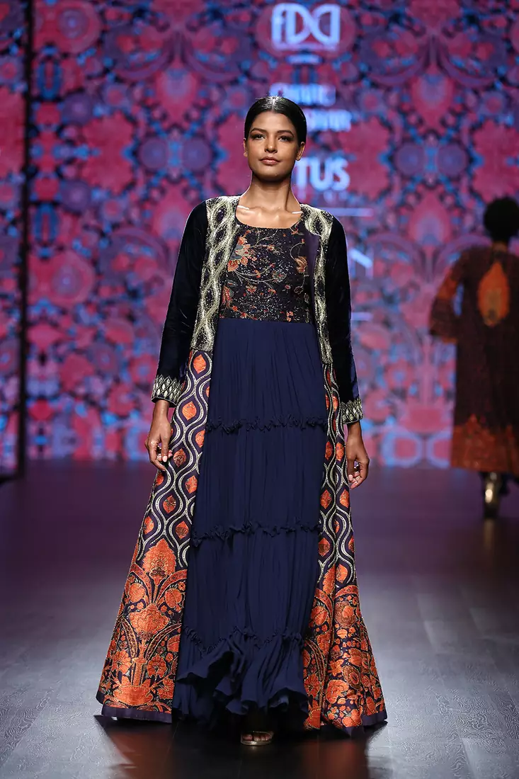 Charu Parashar Navy blue printed long jacket with navy blue printed gown