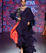 Navy Blue Hand Embellished Jacket Style Net Handwork Blouse And Flare Dress