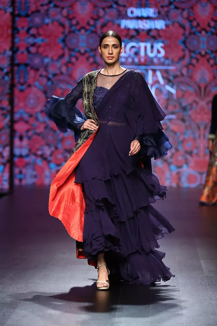 Charu Parashar Navy blue hand embellished jacket style net handwork blouse and flare dress