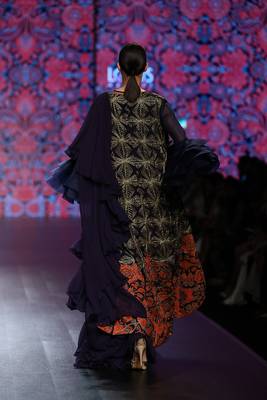 Navy Blue Hand Embellished Jacket Style Net Handwork Blouse And Flare Dress 2