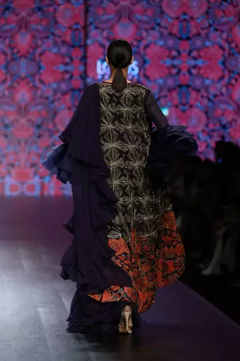 Navy Blue Hand Embellished Jacket Style Net Handwork Blouse And Flare Dress