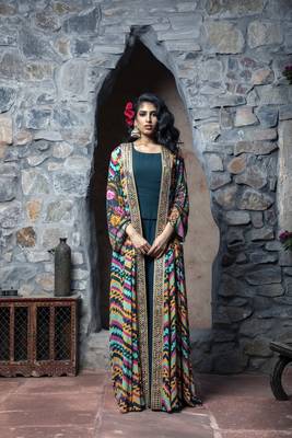 Teal Printed Front Open Long Cape With Top And Sharara 1