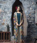 Teal Printed Front Open Long Cape With Top And Sharara