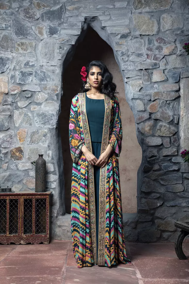 Charu Parashar Teal printed front open long cape with top and sharara