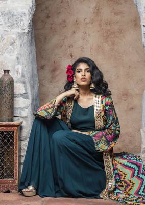 Teal Printed Front Open Long Cape With Top And Sharara 2